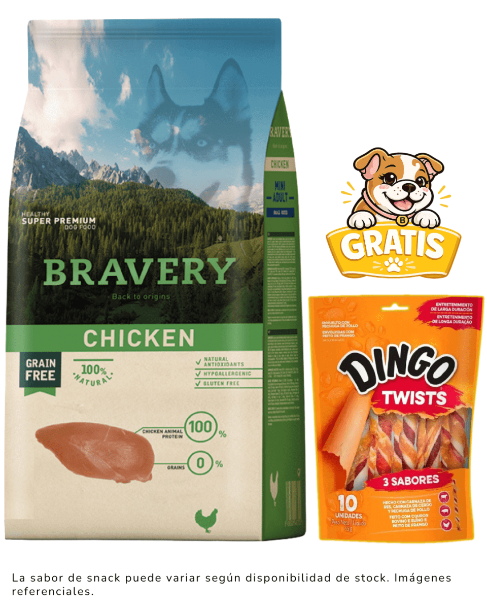 BRAVERY CHICKEN ADULT LARGE/MEDIUM BREEDS 12kg + 1 Snack Dingo gratis1