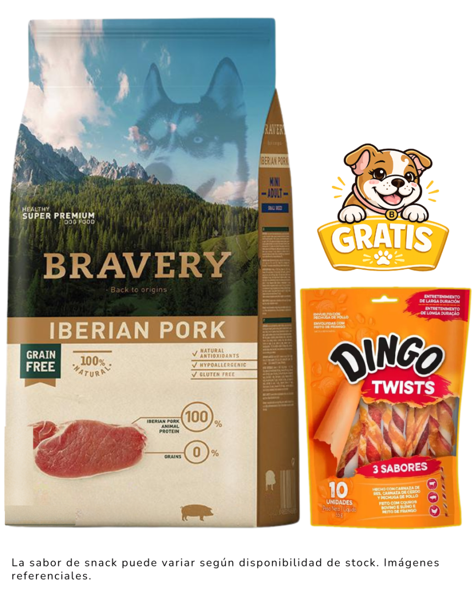 BRAVERY IBERIAN PORK ADULT LARGE/MEDIUM BREEDS 12kg + 1 Snack Dingo gratis1