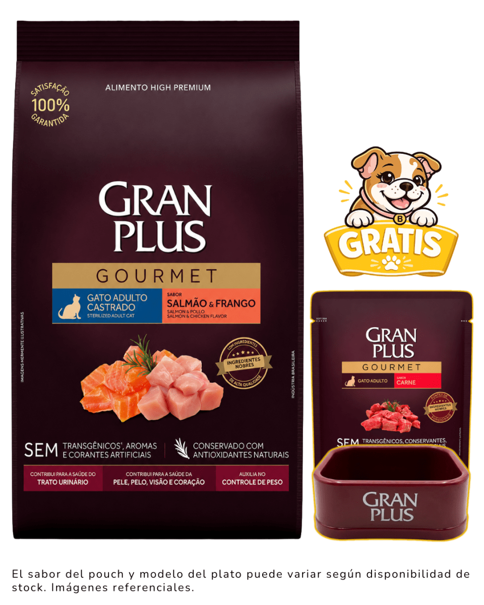 Gran Plus Gato Gourmet Adulto Castrado Salmón & Pollo 3kg + 1 plato y paté gratis1