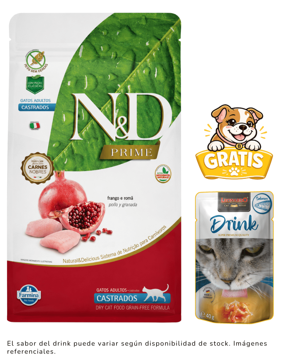 N&D Prime Gato Adulto Castrado (Pollo y Granada) 7.5 kg + 1 Drink Leonardo gratis1