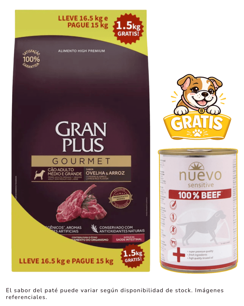 Gran Plus Gourmet Perro Adulto Mediano & Grande Cordero 16.5kg + 1 paté gratis1