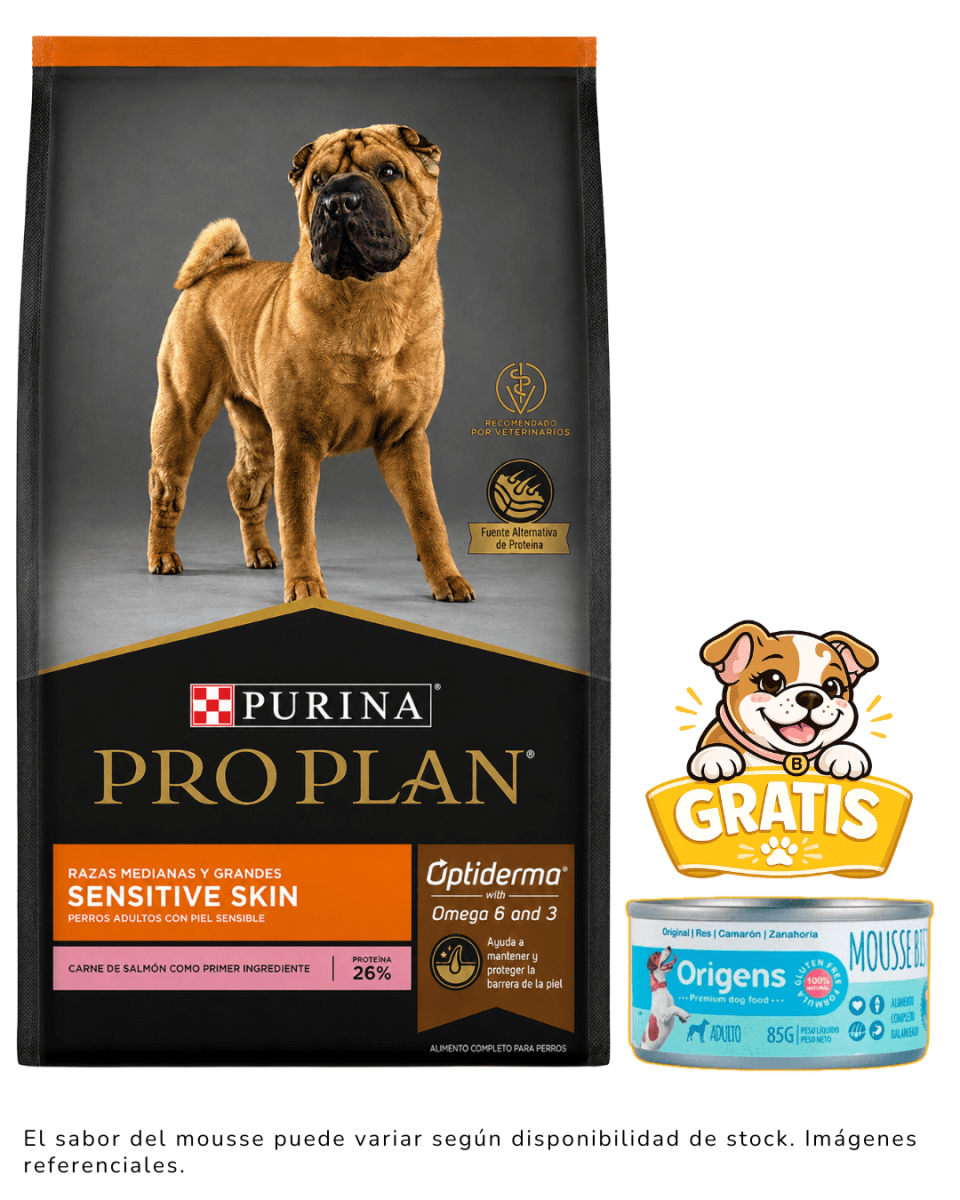 Pro Plan Sensitive Skin Razas Medianas y Grandes 12kg + 1 Mousse Origens1