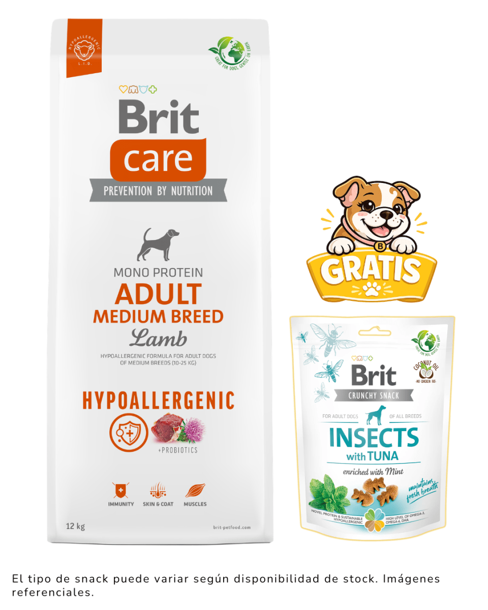 BRIT CARE ADULT MEDIUM BREED LAMB HYPOALLERGENIC 12KG + 1 snack gratis1