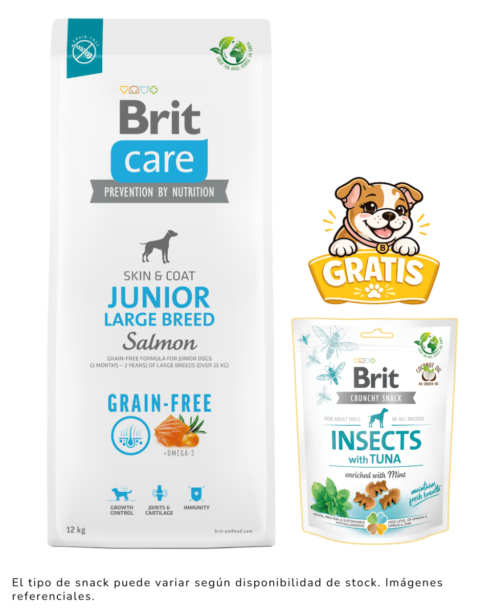 BRIT CARE GRAIN FREE JUNIOR LARGE BREED SALMÓN 12kg + 1 snack gratis1