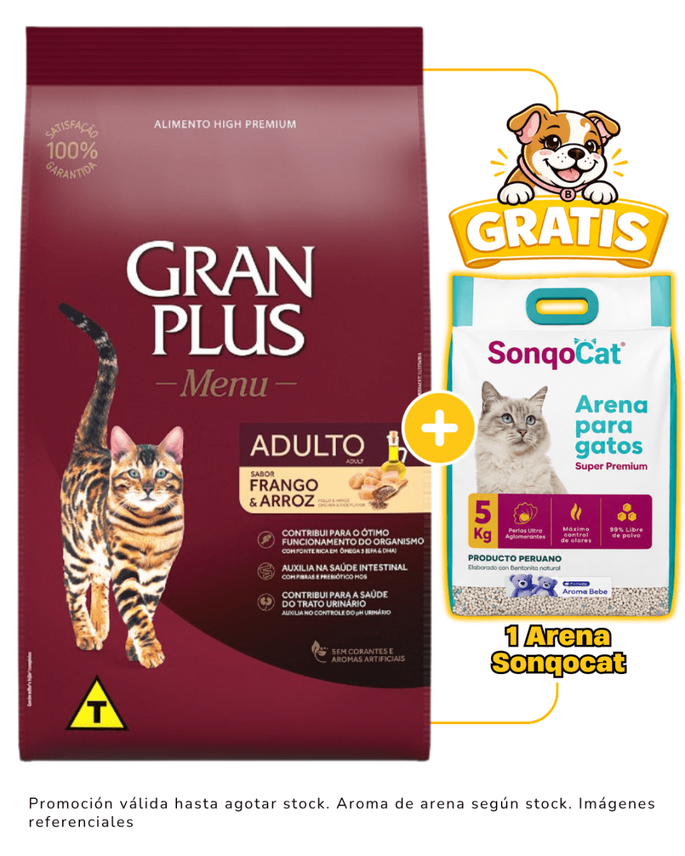 Gran Plus gato adulto pollo & arroz 10.1kg + 1 arena Sonqocat 5 kg gratis1