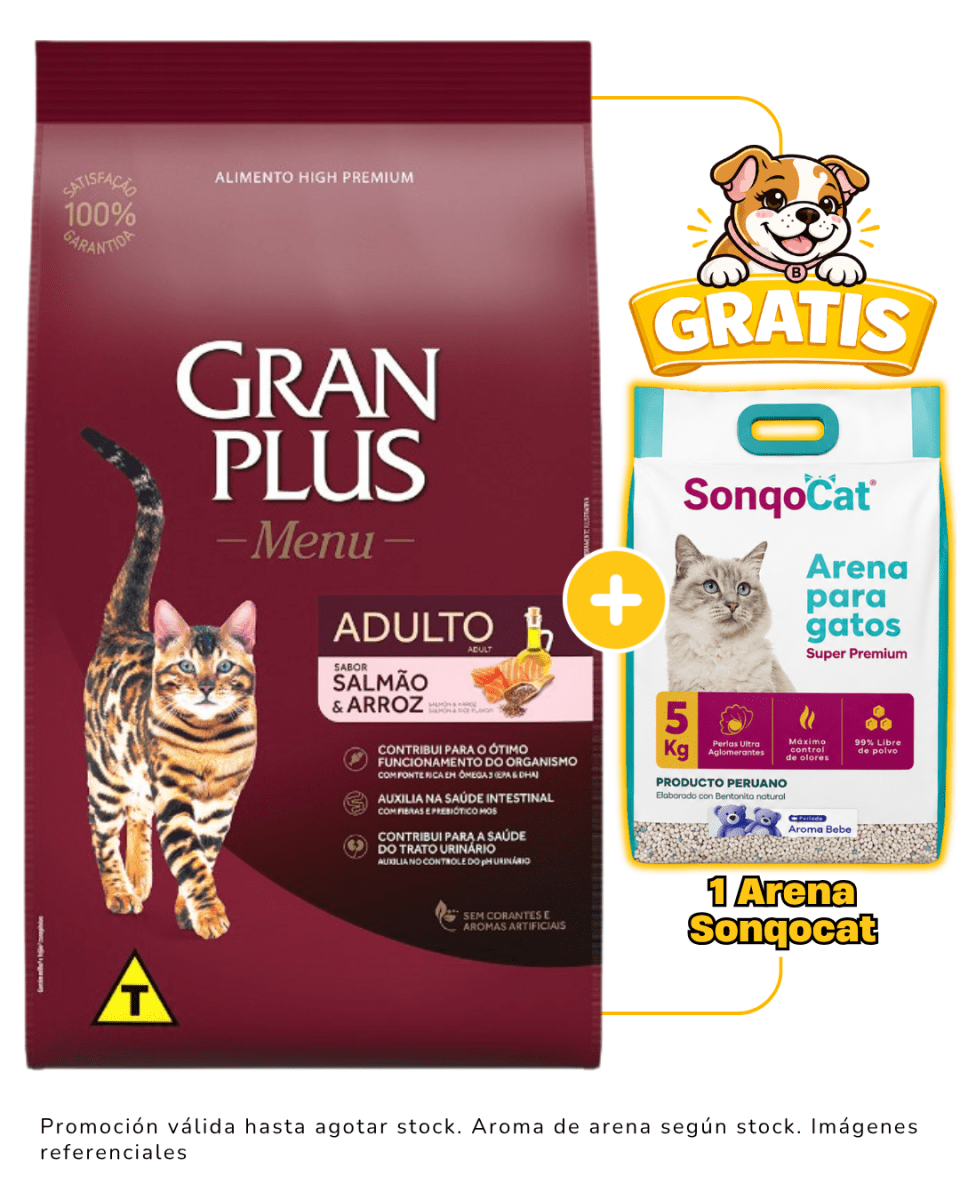 Gran Plus Gato Adulto Salmón & Arroz 10kg + 1 arena Sonqocat 5 kg gratis1