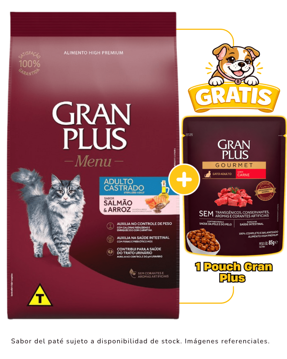 Gran Plus Gato adulto castrado salmón & arroz 3kg + 1 pouch Gran Plus 85 g gratis1