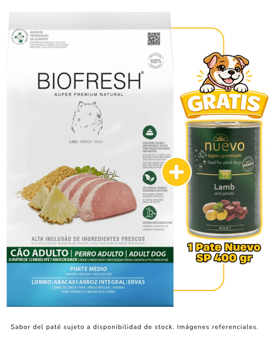 Biofresh SP Perro Adulto Raza Mediana Cerdo y Piña 3kg + 1 pate Nuevo 400 gr gratis1