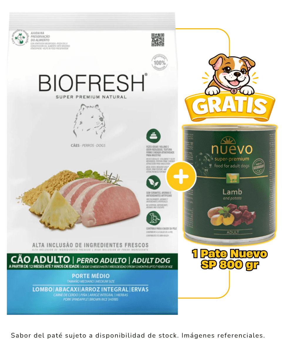 Biofresh SP Perro Adulto Raza Mediana Cerdo y Piña 10.1kg + 1 pate Nuevo 800 gr gratis1