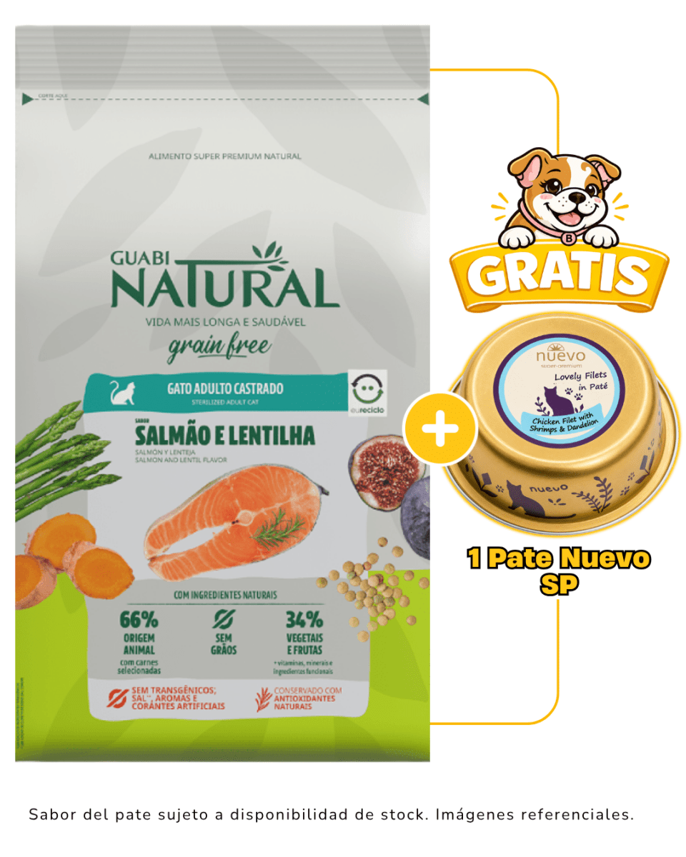 Guabi Natural GF gato adulto castrado Salmón y lenteja 1.5 Kg + 1 pate Nuevo SP gratis1