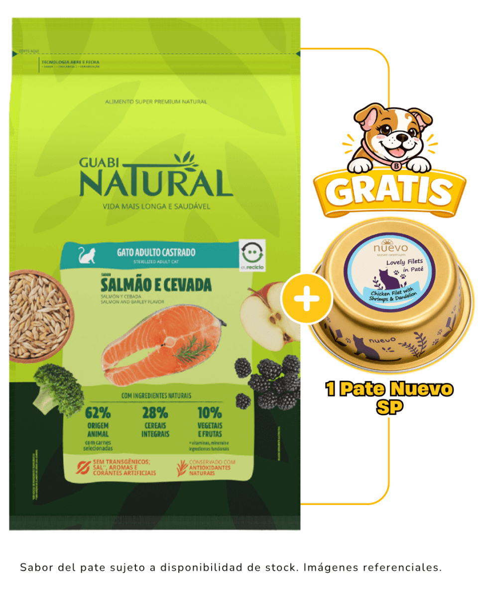 Guabi Natural Gato Adulto Castrado Salmón y Cebada 1.5kg + 1 pate Nuevo SP gratis1