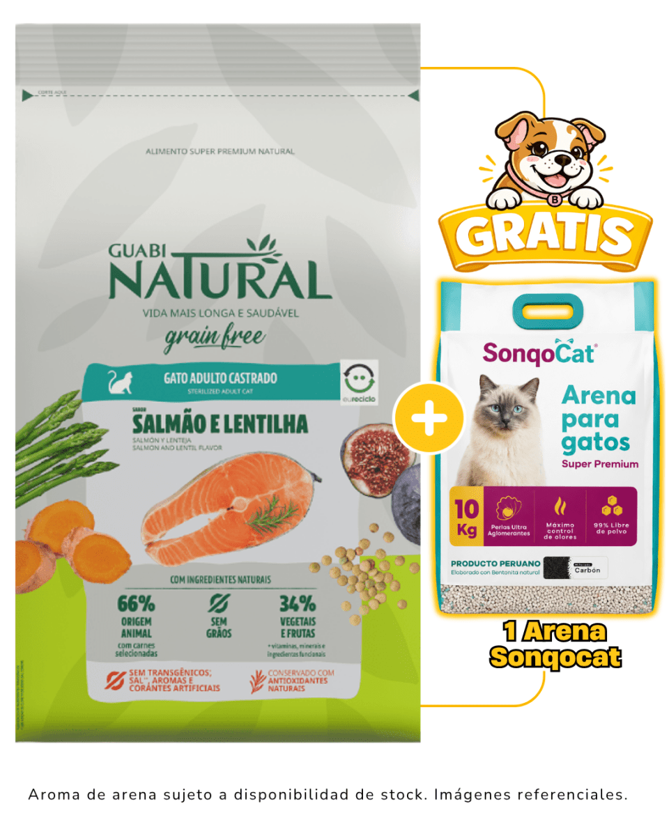 Guabi Natural GF gato adulto castrado salmón y lenteja 7.5 Kg + 1 arena Sonqocat 10kg gratis1