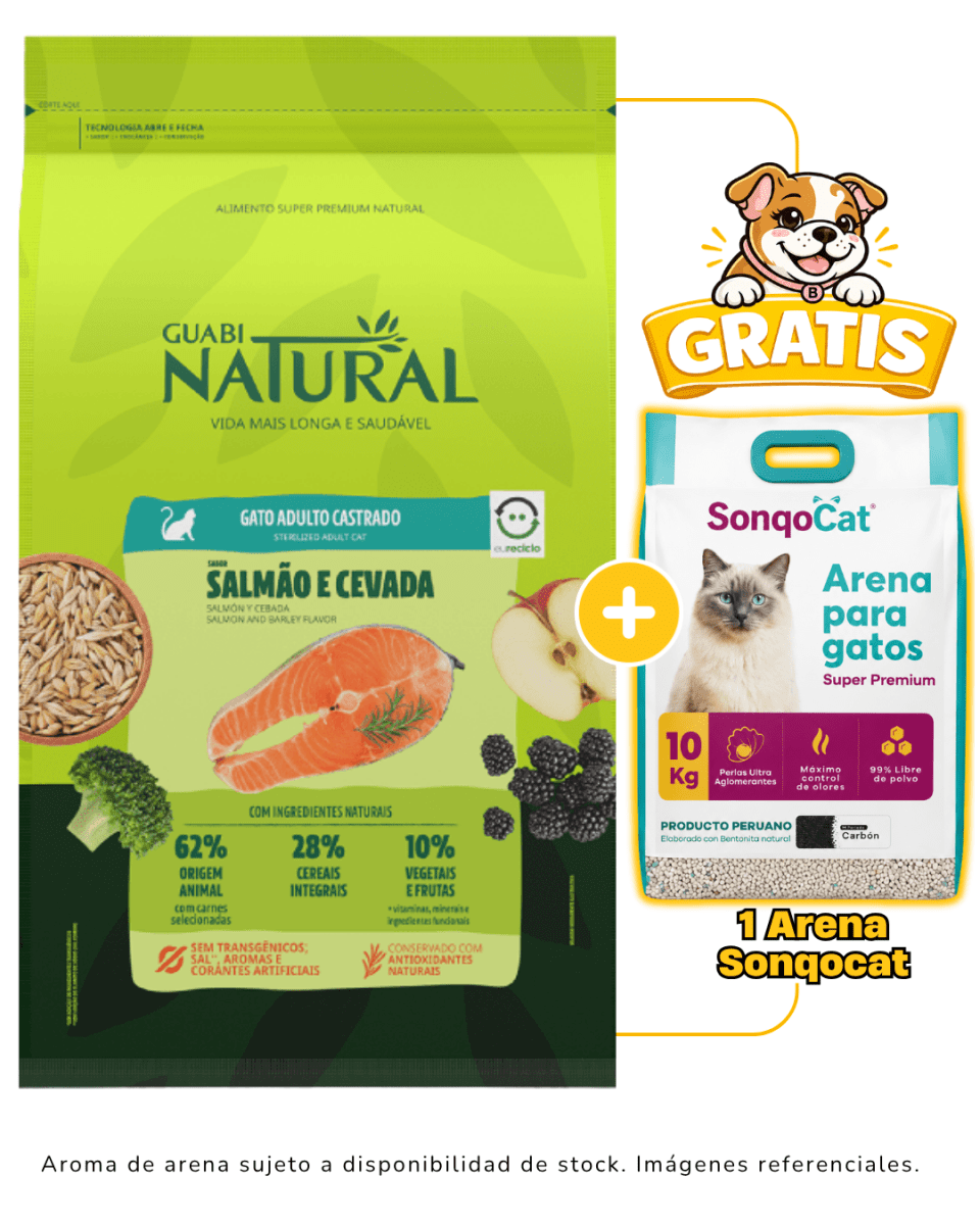 Guabi Natural Gato Adulto Castrado Salmón y Cebada 7.5kg 1 arena Sonqocat 10kg gratis1