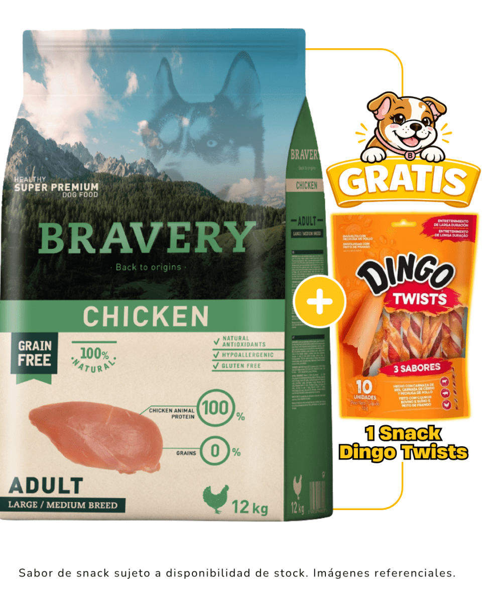 BRAVERY CHICKEN ADULT LARGE/MEDIUM BREEDS 12kg + 1 Snack Dingo gratis1