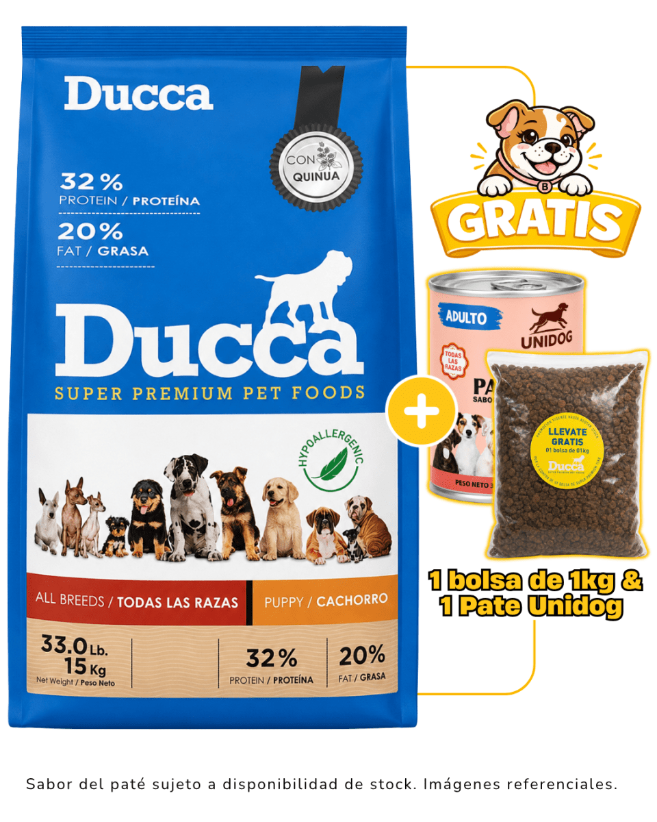 Ducca Cachorro Super Premium 15kg + 1 pate Unidog 330 gr y 1 bolsa de 1 kg gratis1