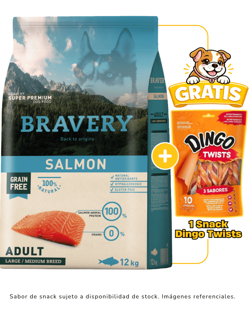 BRAVERY SALMON ADULT LARGE/MEDIUM BREED 12kg + 1 Snack Dingo gratis1