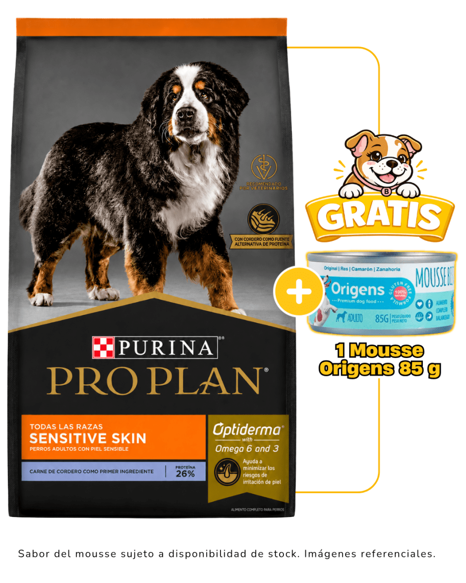 Pro Plan adulto cordero Sensitive Skin todas las razas 7.5 Kg + 1 mousse Origens 85g gratis1