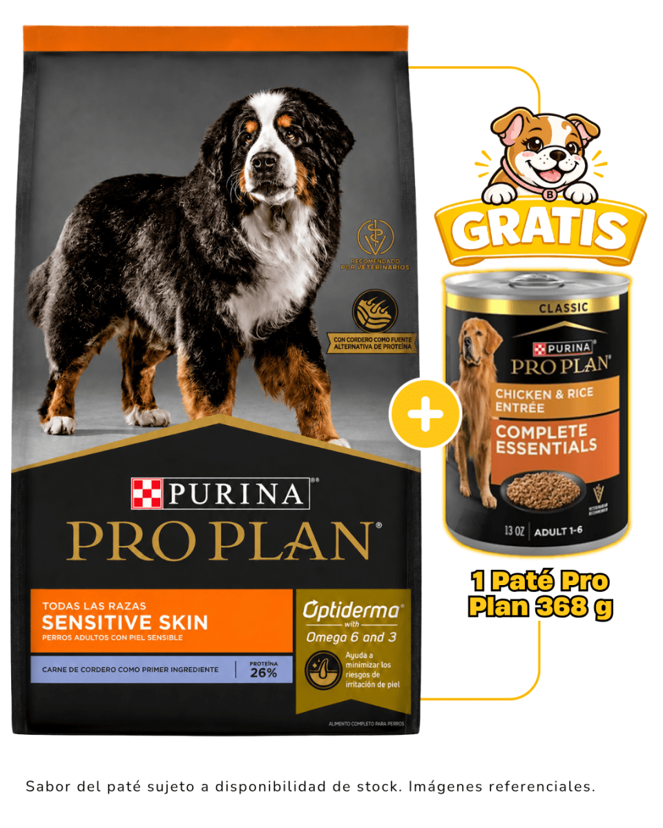Pro Plan adulto cordero Sensitive Skin todas las razas 15 Kg + 1 paté Pro Plan 368g gratis1