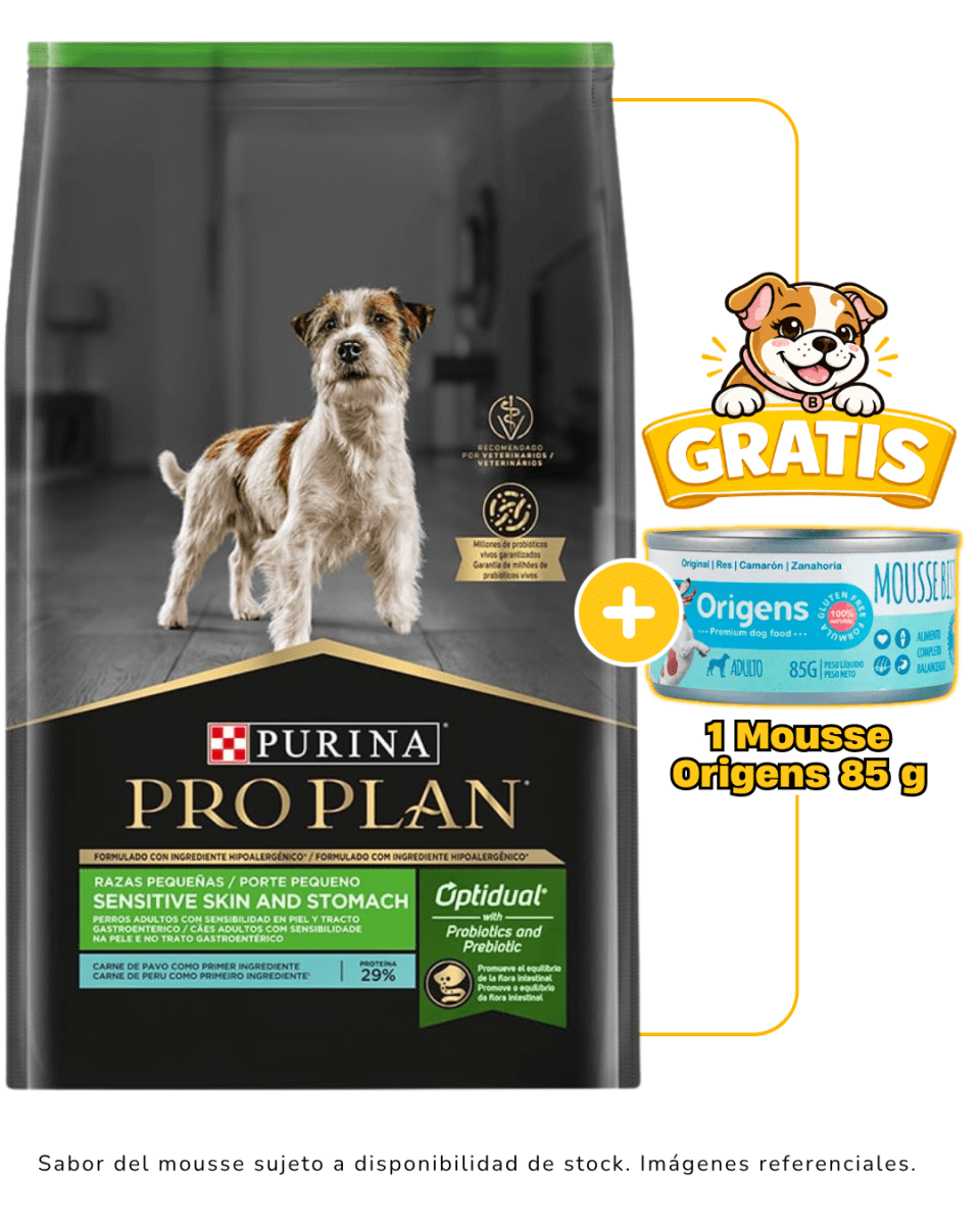 Pro Plan Sensitive Skin and Stomach PAVO Razas Pequeñas 7.5 Kg + 1 Mousse Origens 85g gratis1