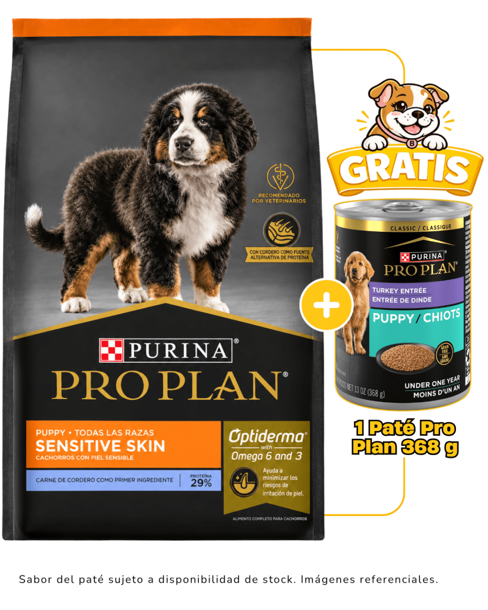 Pro Plan cachorro cordero Sensitive Skin 15kg + 1 paté Pro Plan 368g gratis1