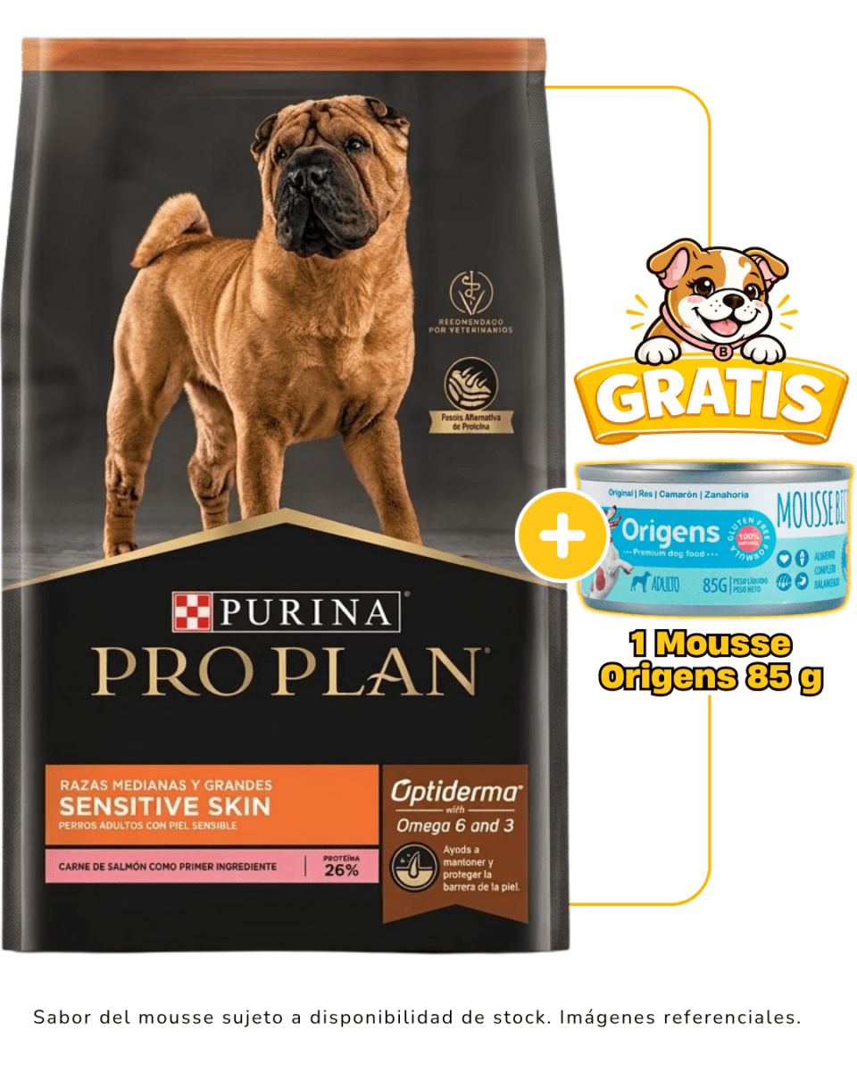 Pro Plan Sensitive Skin Razas Medianas y Grandes 12kg + 1 Mousse Origens 85g gratis1