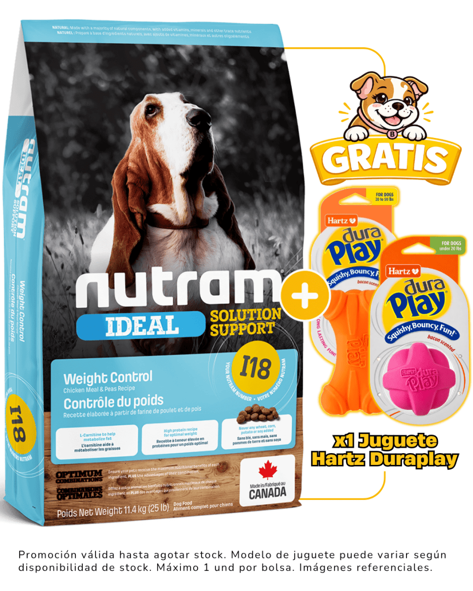 I18 NUTRAM IDEAL WEIGHT CONTROL DOG 11.4kg + 1 juguete Hartz gratis1