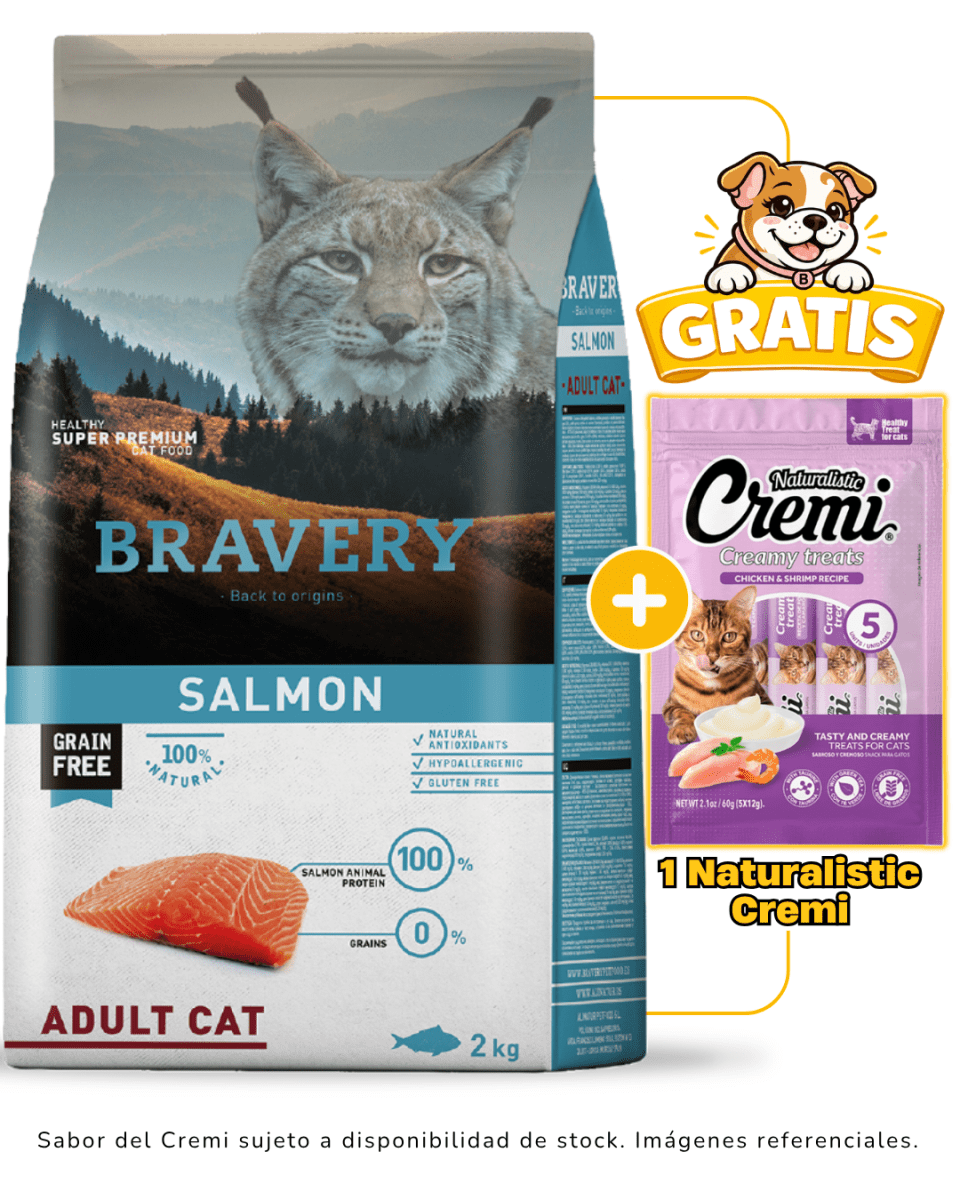 BRAVERY SALMON ADULT CAT 2kg + 1 Cremi Naturalistic gratis1