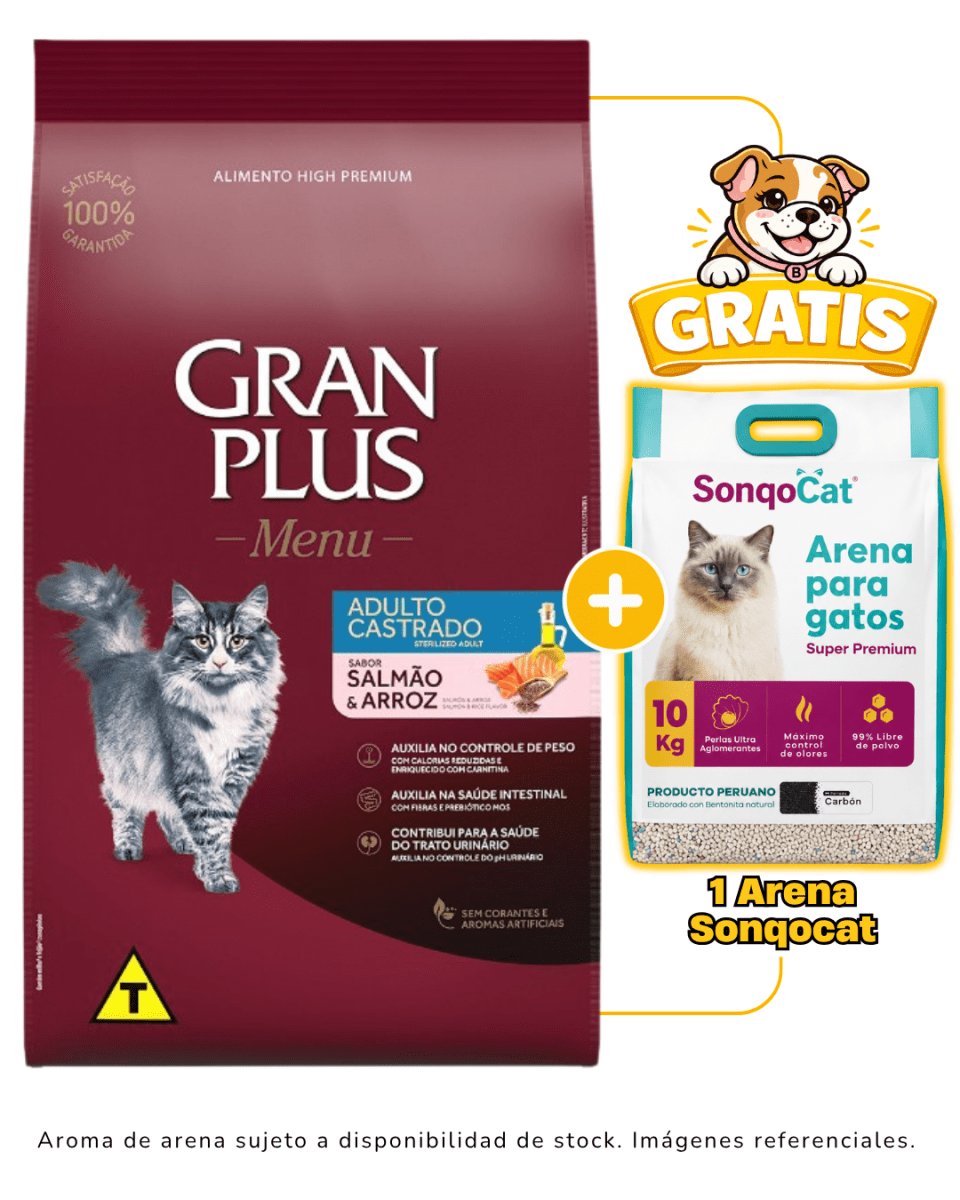 Gran Plus Gato adulto castrado salmón & arroz 10kg + 1 arena Sonqocat 10 kg gratis1