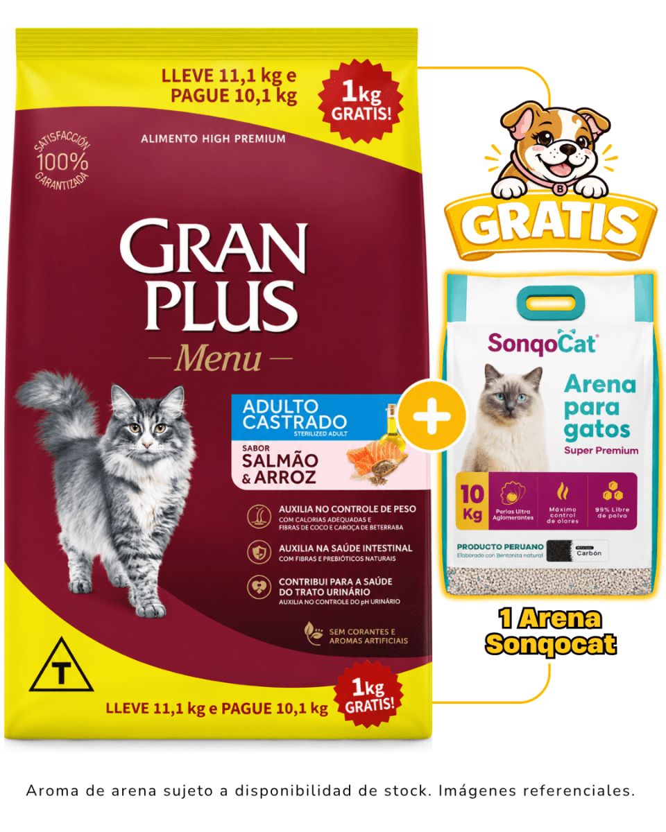 Gran Plus Gato adulto castrado salmón & arroz 11 kg + 1 arena Sonqocat 10 kg gratis1