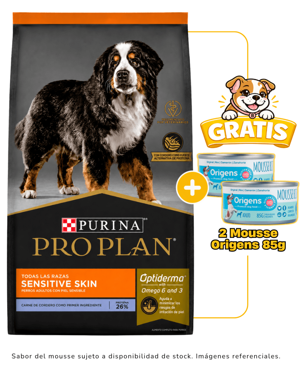 Pro Plan adulto cordero Sensitive Skin todas las razas 7.5 Kg + 2 mousse Origens 85g gratis1