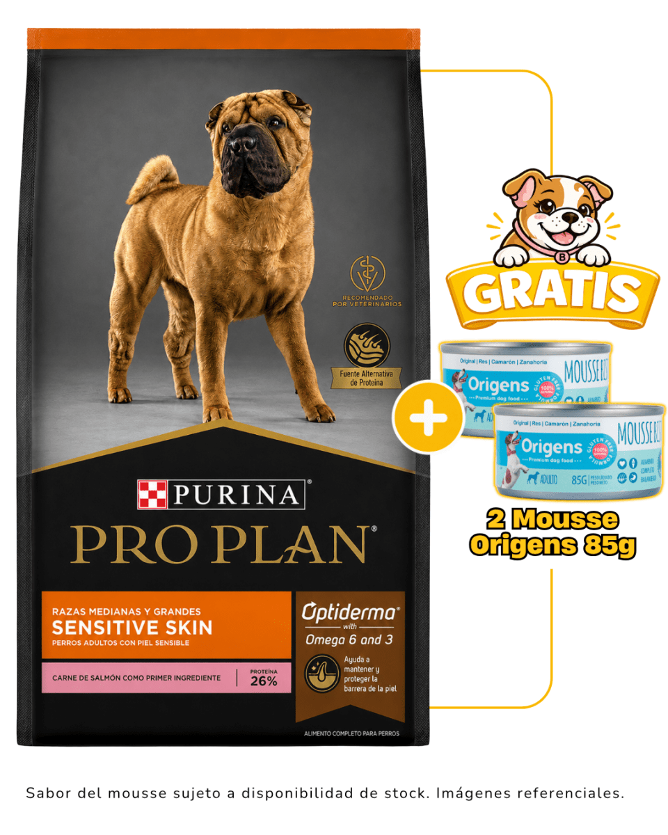 Pro Plan Sensitive Skin Razas Medianas y Grandes 12kg + 2 Mousse Origens 85g gratis1