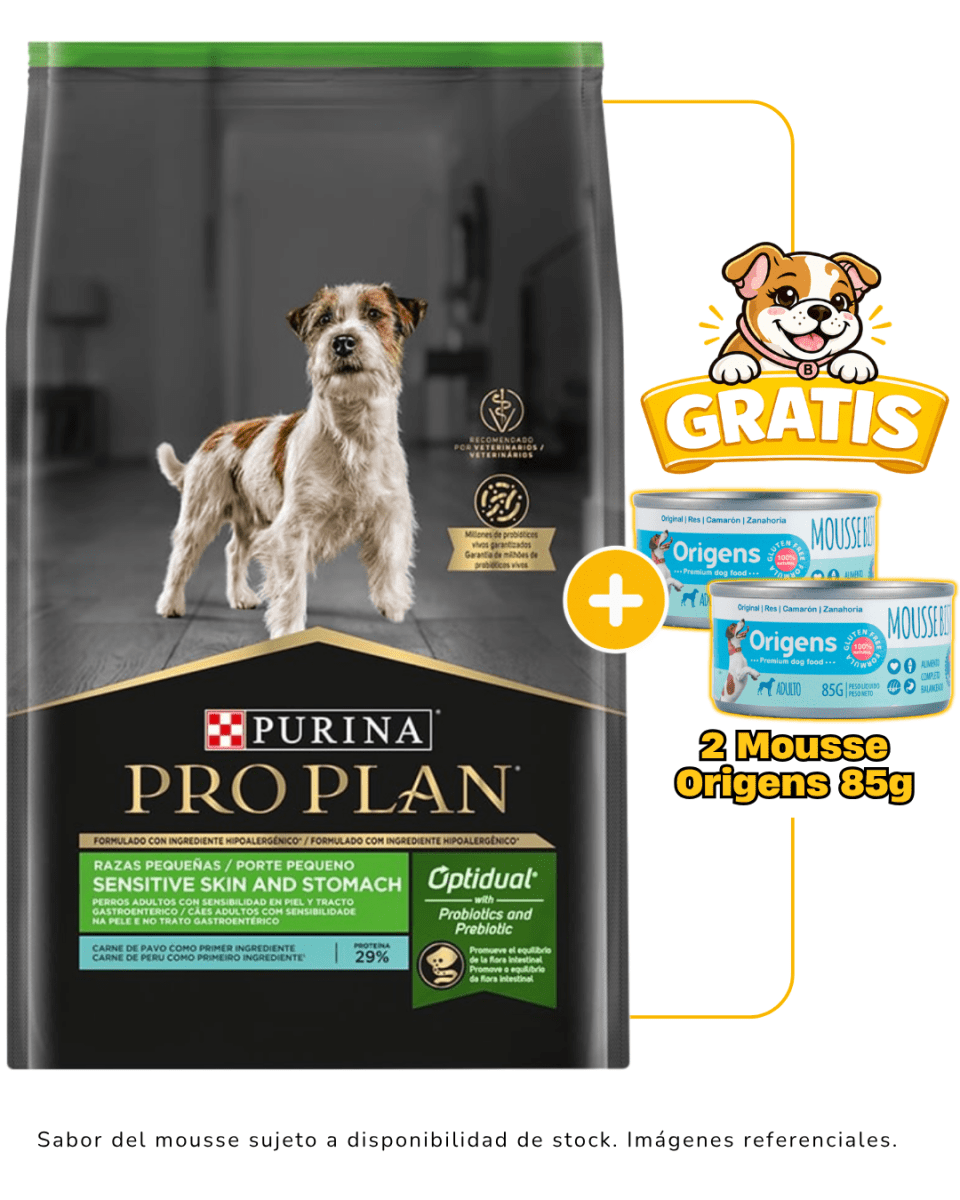 Pro Plan Sensitive Skin and Stomach PAVO Razas Pequeñas 7.5 Kg + 2 mousse Origens 85g gratis1