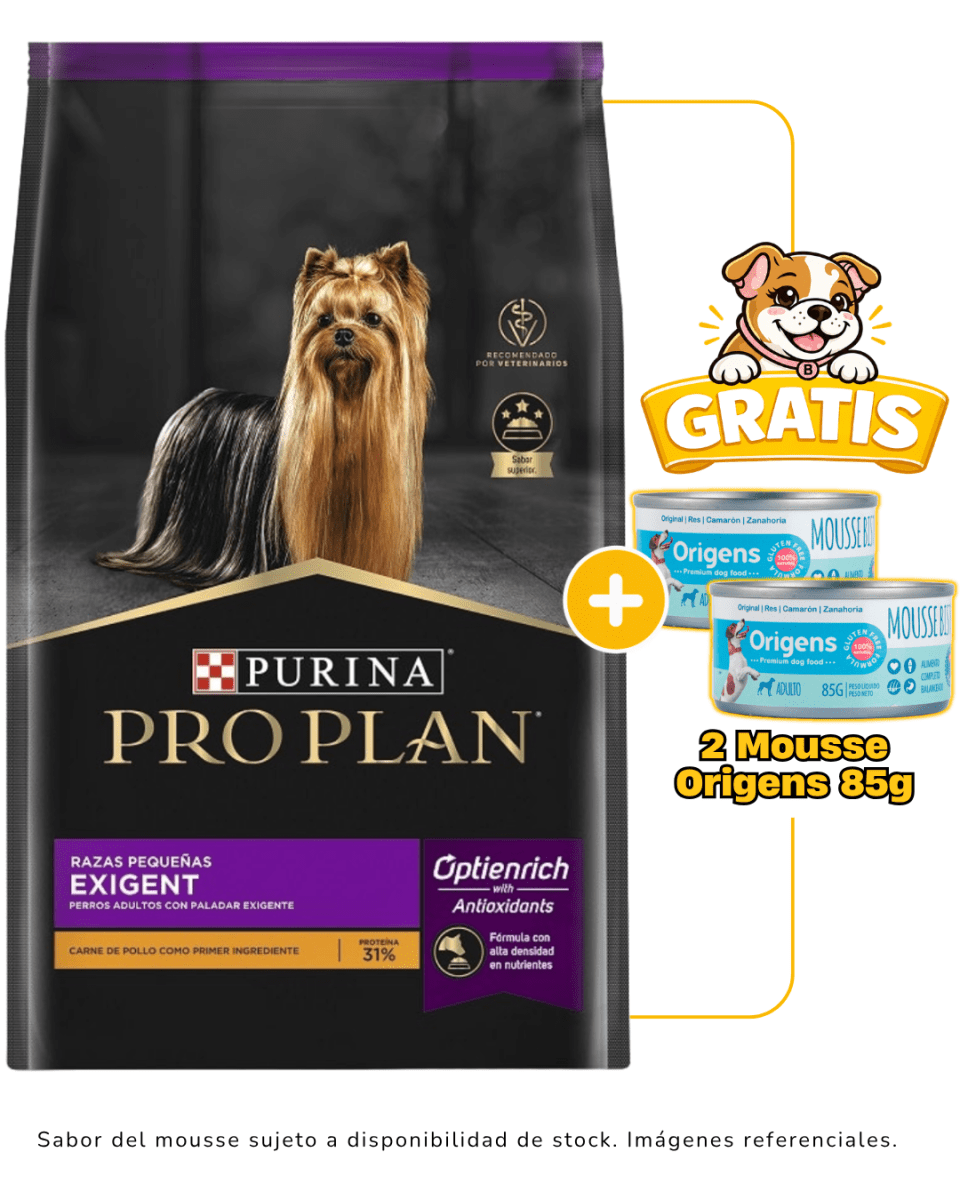 Pro Plan Exigent Dog Small Breed 7.5 Kg + 2 mousse Origens 85g gratis1