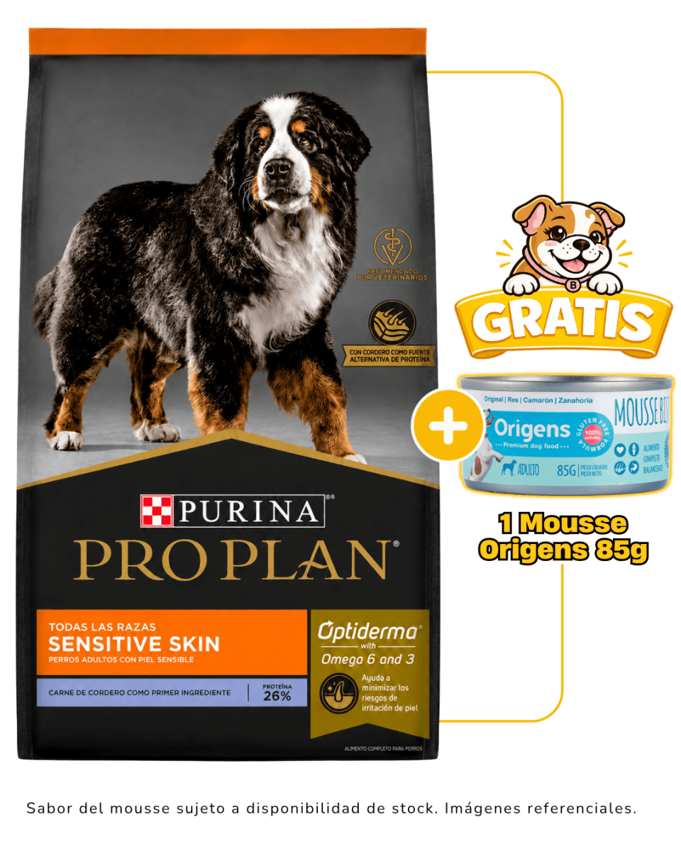 Pro Plan adulto cordero Sensitive Skin 3kg + 1 mousse Origens 85g gratis1