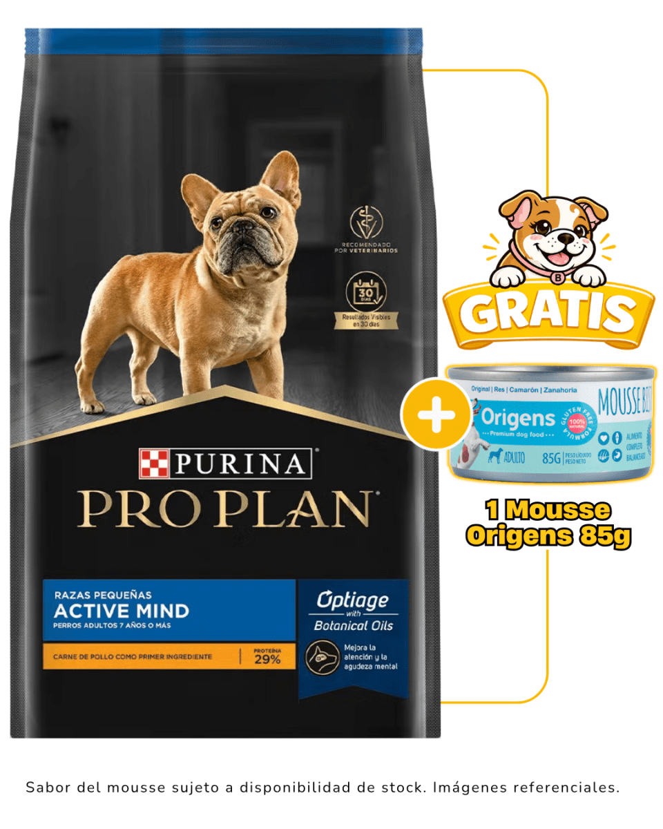 Pro Plan Active Mind Razas Pequeñas 3 Kg + 1 mousse Origens 85g gratis1