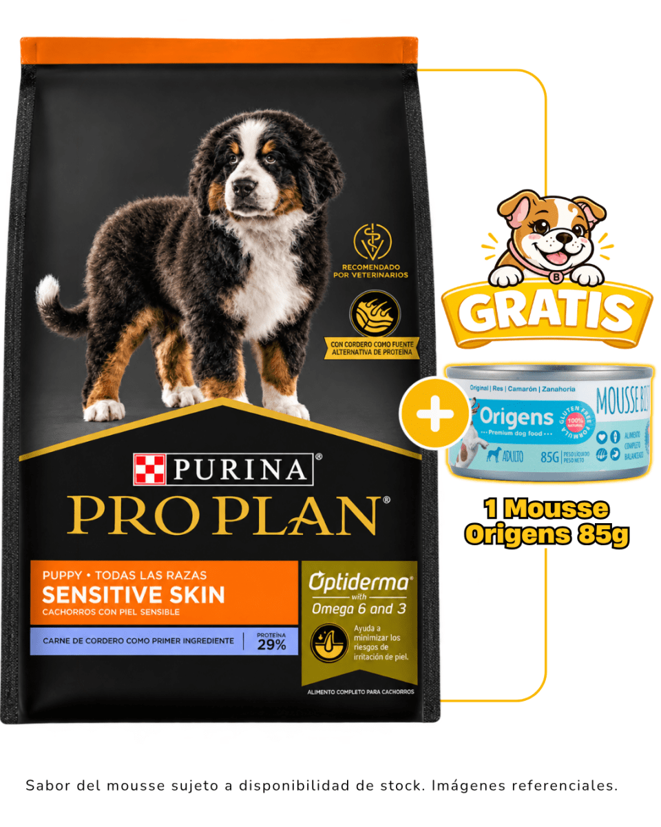 Pro Plan cachorro cordero Sensitive Skin 3kg + 1 mousse Origens 85g gratis1
