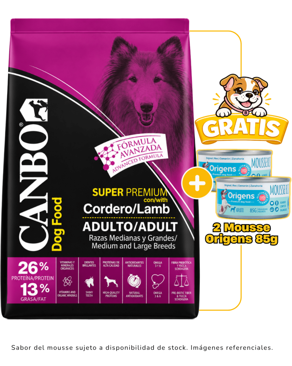Canbo Adulto Super Premium Cordero Razas Medianas y Grandes 15kg + 2 mousse Origens 85g gratis1