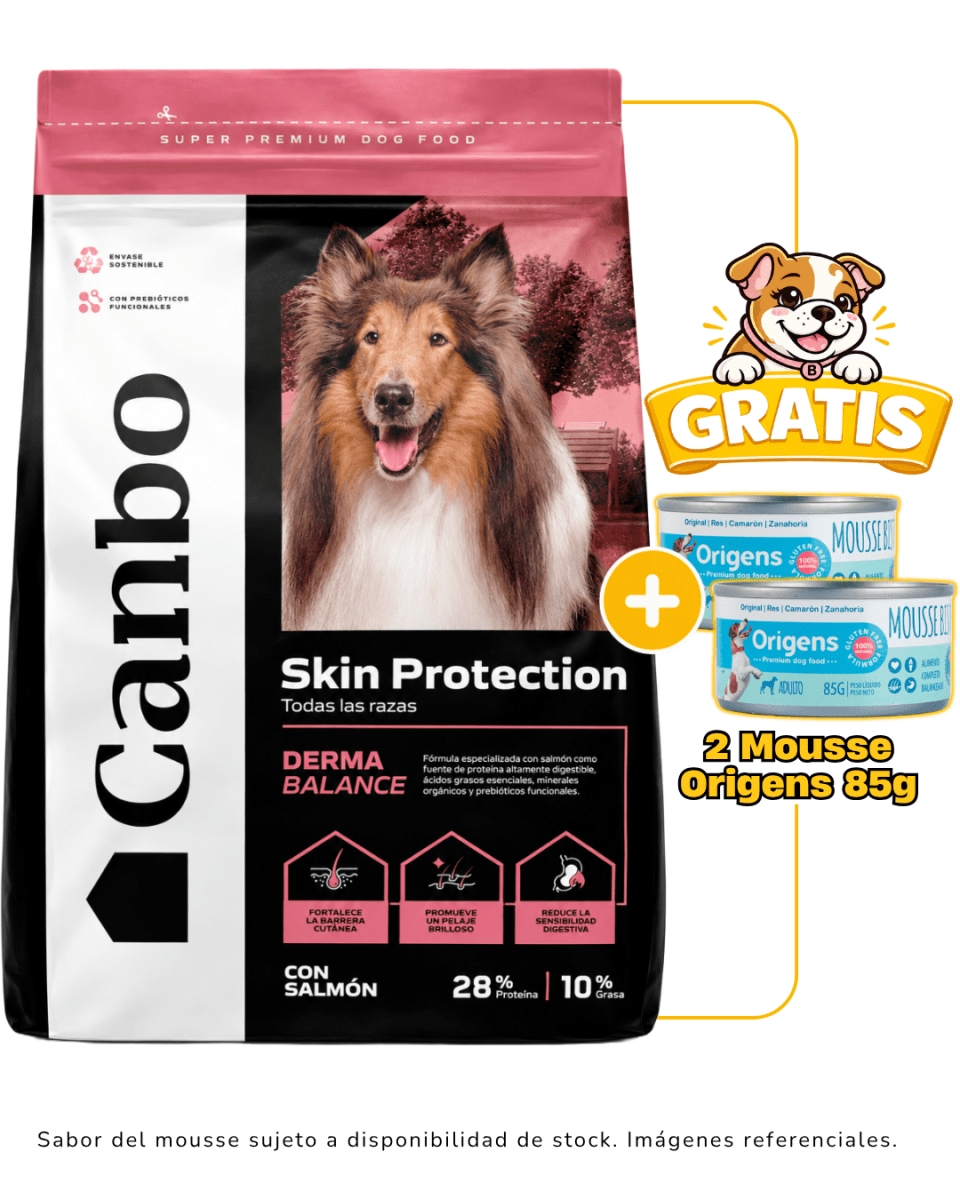 Canbo Adulto Skin Protection con Salmón Todas la Razas 15kg + 2 mousse Origens 85g gratis1