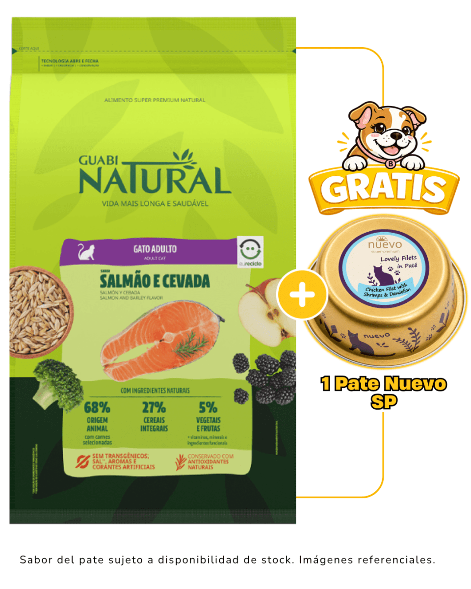 Guabi Natural Gato Adulto Salmón y Cebada 1.5kg + 1 pate Nuevo SP gratis1