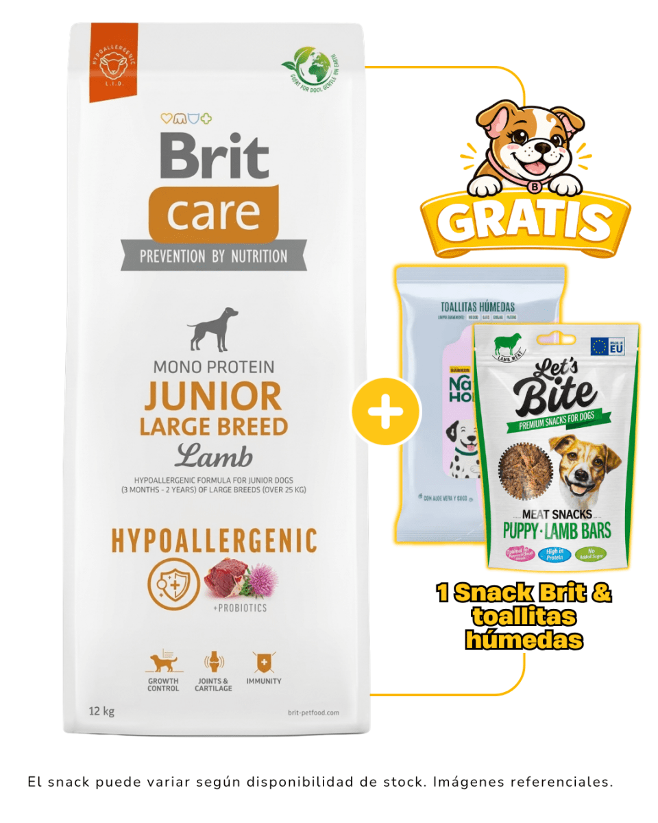 BRIT CARE HYPOALLERGENIC JUNIOR LARGE BREED LAMB 12kg + 1 snack & toallitas1