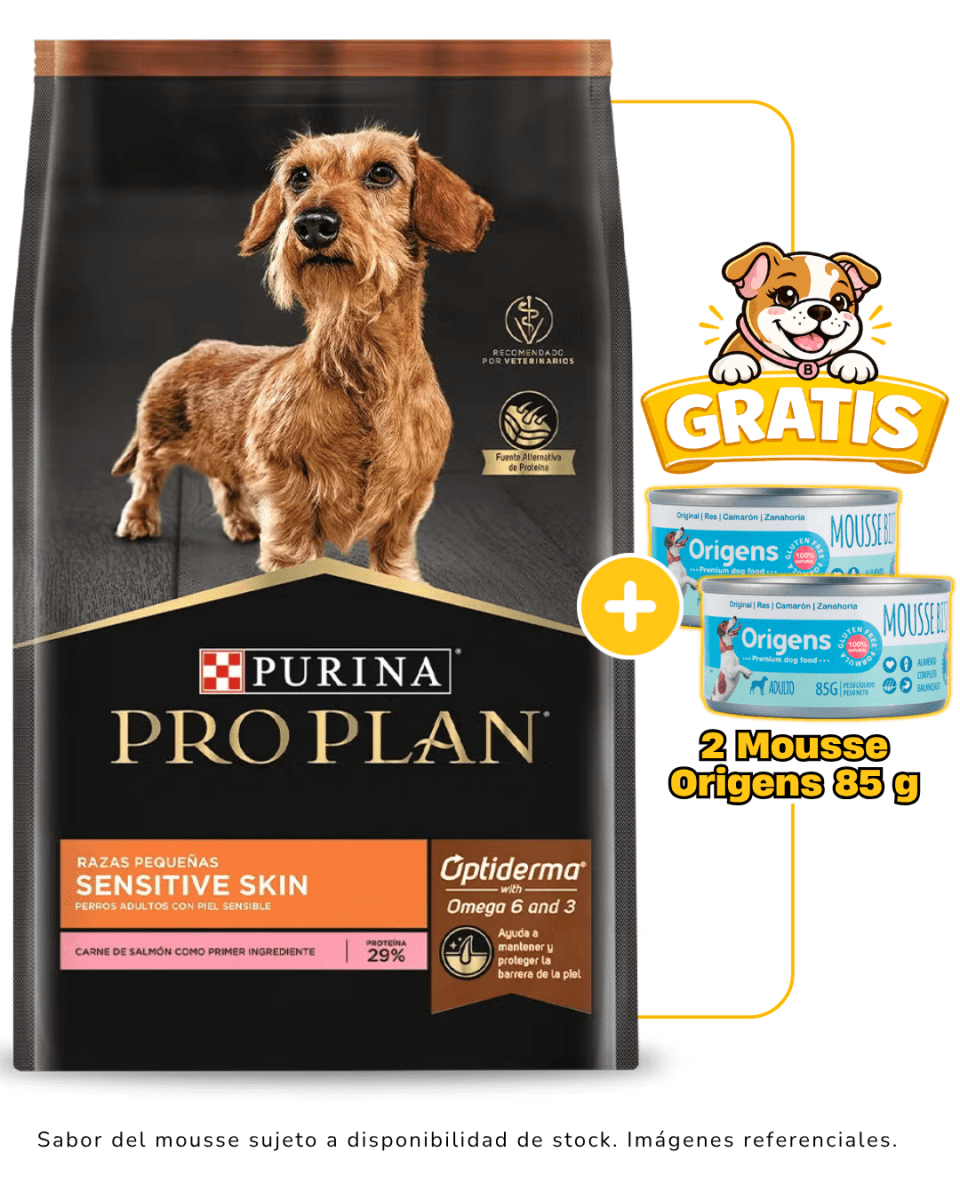 Pro Plan Sensitive Skin Razas Pequeñas 7.5 Kg + 2 mousse Origens 85g gratis1