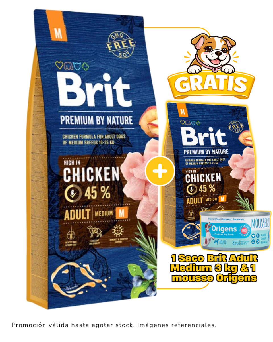 Brit Premium by Nature Adult Medium 15kg + 3 kg gratis & 1 mousse Origens 85 gr gratis1