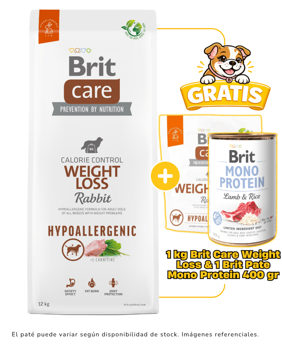 BRIT CARE DOG HYPOALLERGENIC WEIGHT LOSS RABBIT & RICE 12kg + 1kg & 1 paté Brit monoprotein gratis1