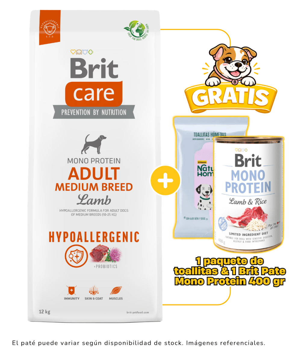 BRIT CARE ADULT MEDIUM BREED LAMB HYPOALLERGENIC 12KG + 1 paquete de toallitas & 1 paté Brit monoprotein gratis1