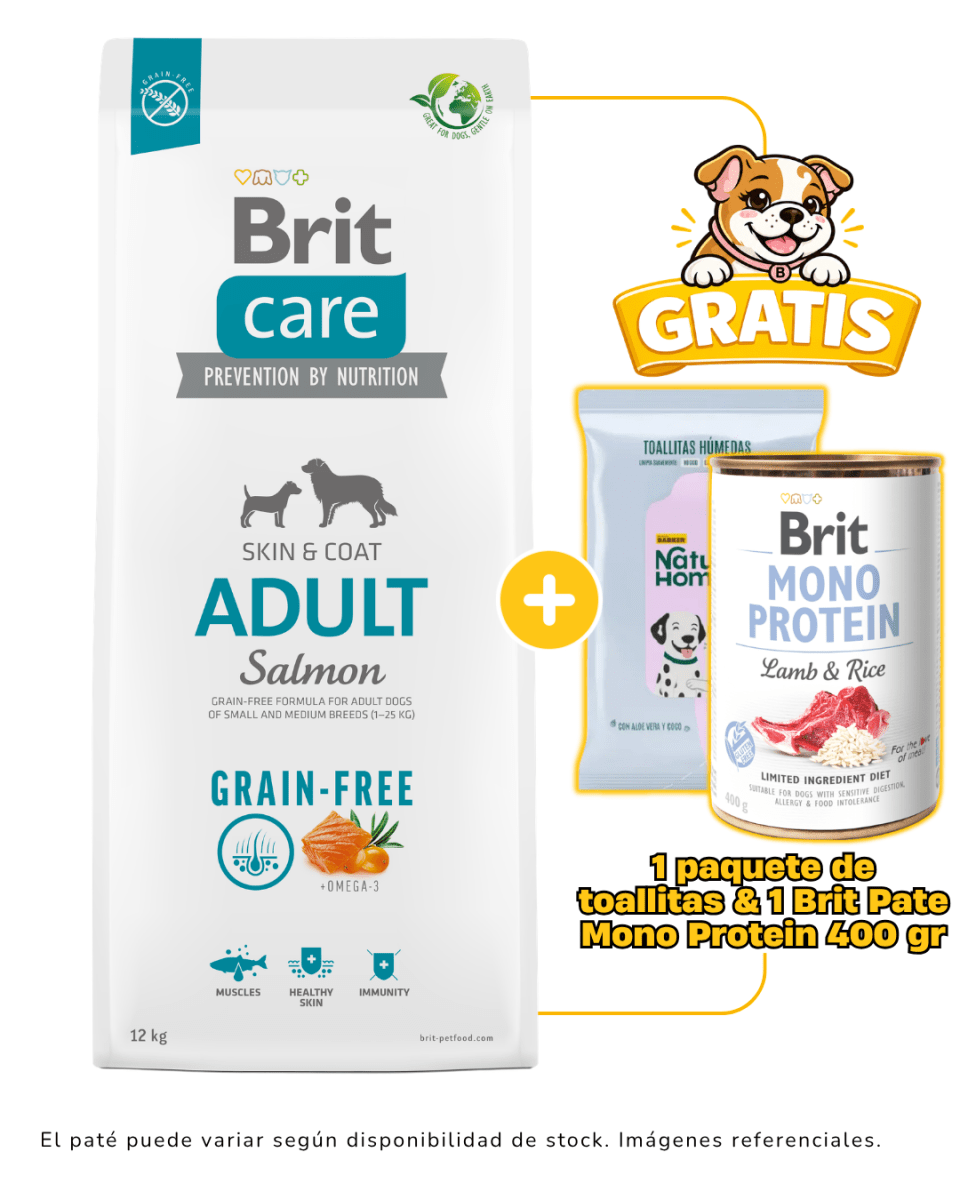 BRIT CARE GRAIN FREE ADULT SALMÓN 12kg + 1 paquete de toallitas & 1 paté Brit monoprotein gratis1
