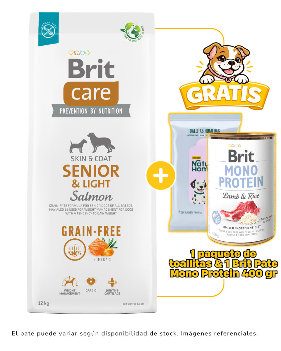 BRIT CARE GRAIN FREE SENIOR & LIGHT SALMÓN 12KG + 1 paquete de toallitas & 1 paté Brit monoprotein gratis1
