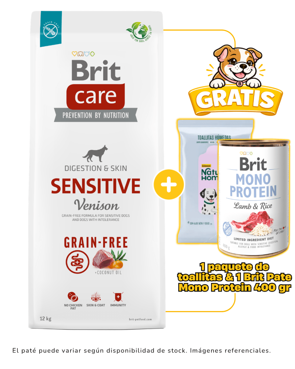 Brit Care Grain Free Sensitive Veninson 12kg  + 1 paquete de toallitas & 1 paté Brit monoprotein gratis1