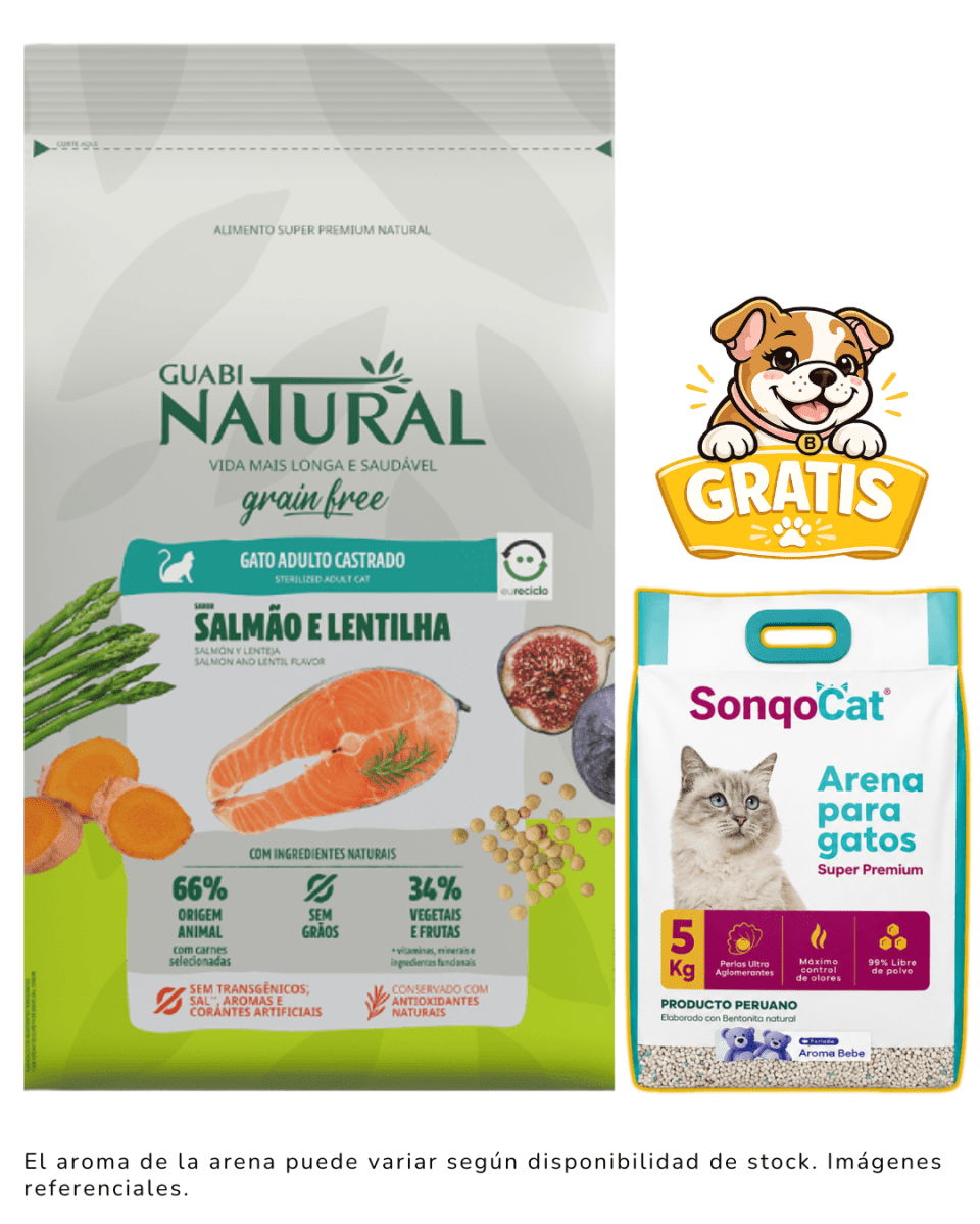 Guabi Natural GF gato adulto castrado salmón y lenteja 7.5 Kg + 1 arena gratis1