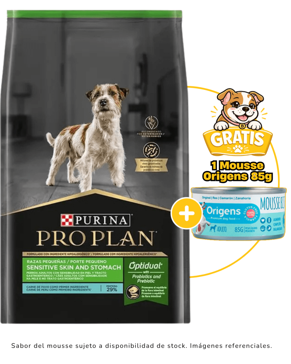 Pro Plan Sensitive Skin and Stomach PAVO Razas Pequeñas 7.5 Kg + 1 Mousse Origens gratis1