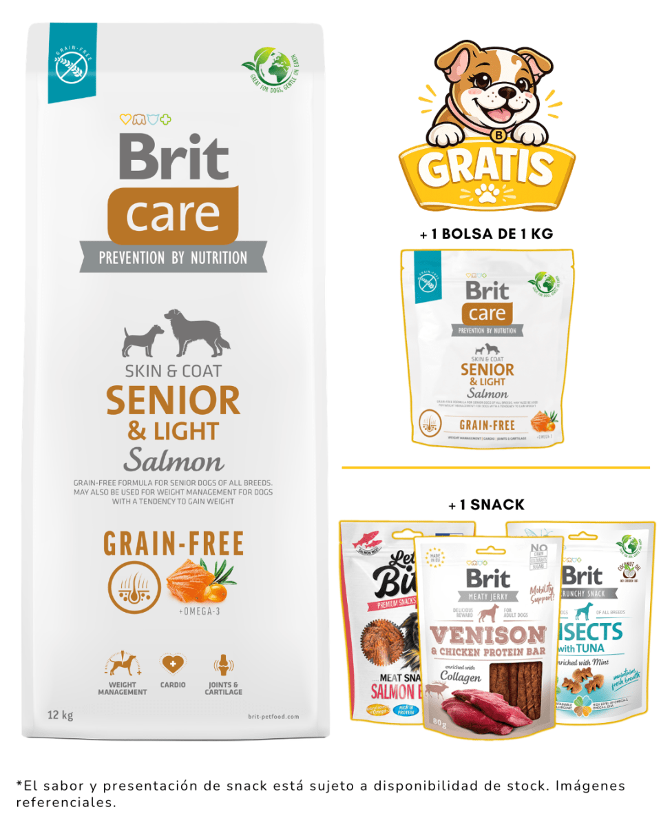 BRIT CARE GRAIN FREE SENIOR & LIGHT SALMÓN 12KG + 1 kg & snack gratis1
